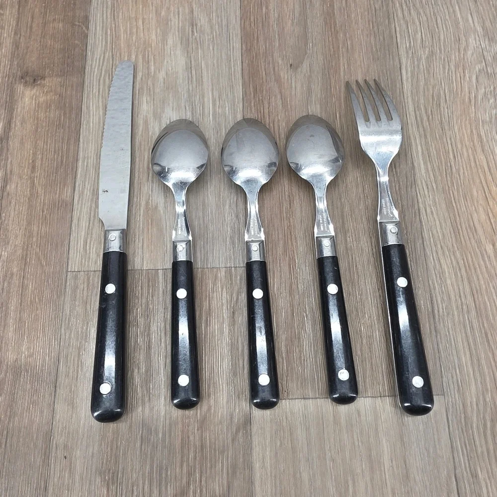 Vtg Farberware Thailand 5 Pc Flatware Lot Black Rivet Handle Knife Fork 3 Spoons